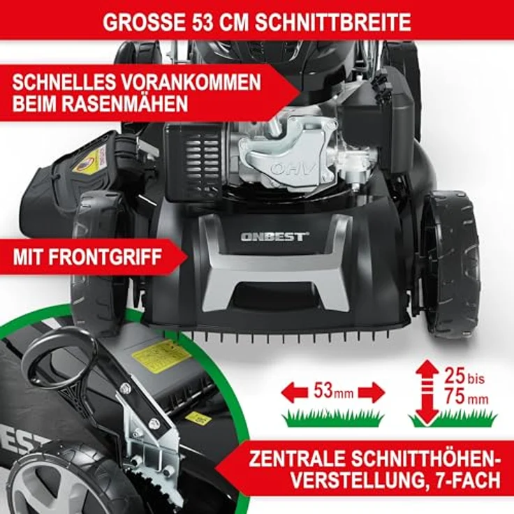 Onbest Benzin Rasenmäher 5IN1, 6,5 PS, 196 ccm, E-Start, 53 cm Schnittbreite, 60L Fangkorb, Radantrieb, Seitenauswurf – Bild 4