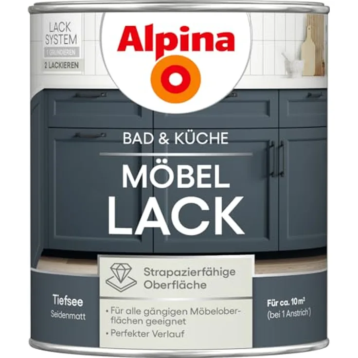 Alpina Möbellack Tiefsee, seidenmatt, 750 ml - strapazierfähige, wasserbasierte Oberfläche für alle Möbeloberflächen, reinigungsbeständig, für bis zu 10 m²