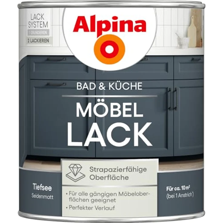 Alpina Möbellack Tiefsee, seidenmatt, 750 ml - strapazierfähige, wasserbasierte Oberfläche für alle Möbeloberflächen, reinigungsbeständig, für bis zu 10 m² – Bild 1