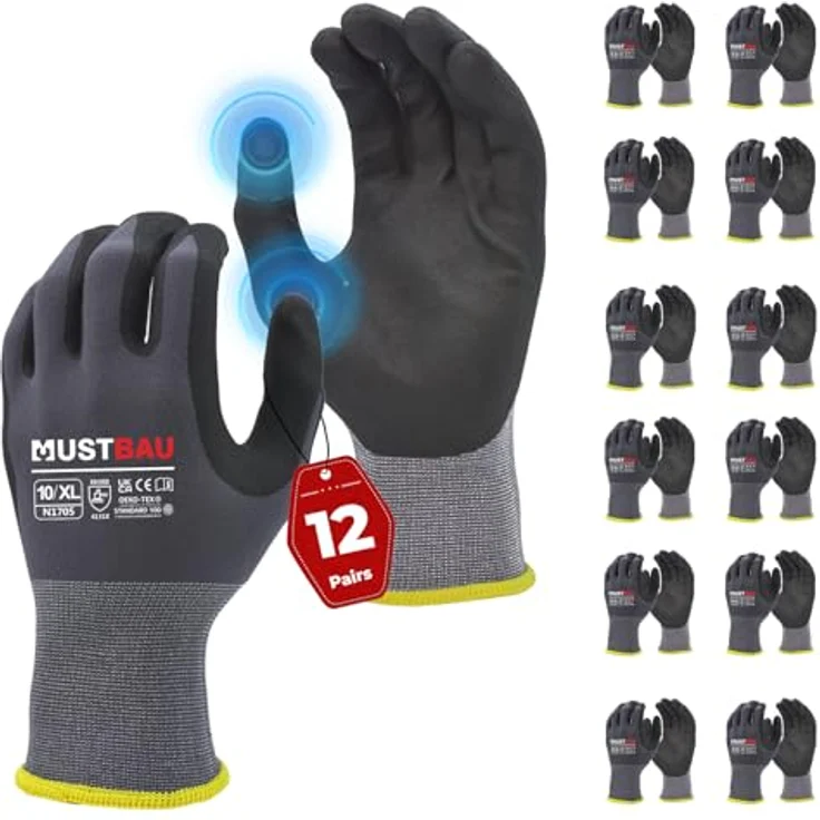 Mustbau Arbeitshandschuhe Schwarz mit Touchscreen, Herren Arbeitshandschuhe mit Nitril Beschichtung für Montagearbeit, Mechaniker, Gartenarbeit und Bauarbeiten, Gr. XL, 12 Paare – Bild 1