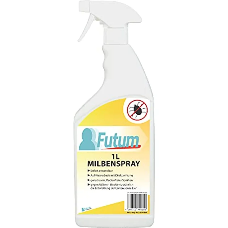 Futum 1L Milbenspray, Hochwirksam gegen Eier auf Wasserbasis, fleckenfrei, geruchlos, mit Schnell- & Langzeitwirkung