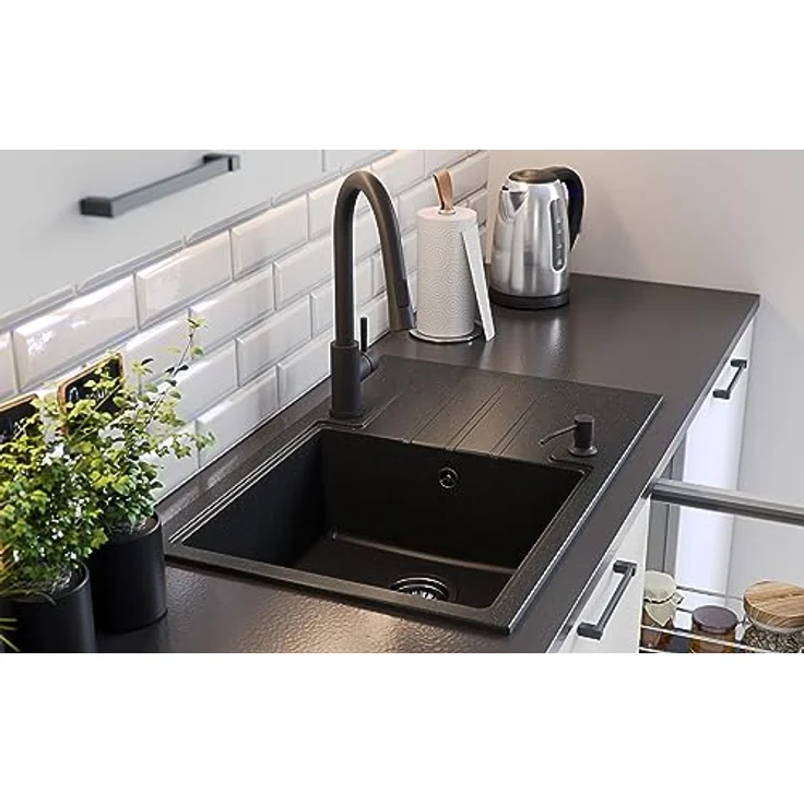 QUADRON Einzelbeckenspüle Einbeckenspüle | Größe 78 x 50 x 20, Pure Carbon | Granit Spülbecken mit manuellem Siphon und Abtropffläche – Bild 4