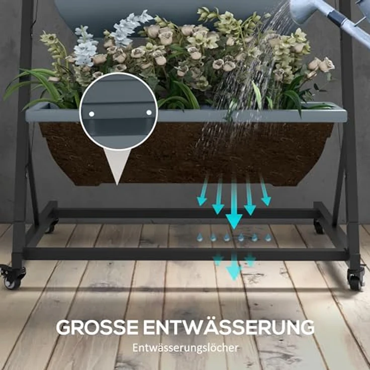 Outsunny Pflanzenständer, Blumenregal mit 5 Etagen und Rollen, Grau, für Innen- und Außeneinsatz, mit Drainagelöchern, 65 x 67 x 145 cm – Bild 5