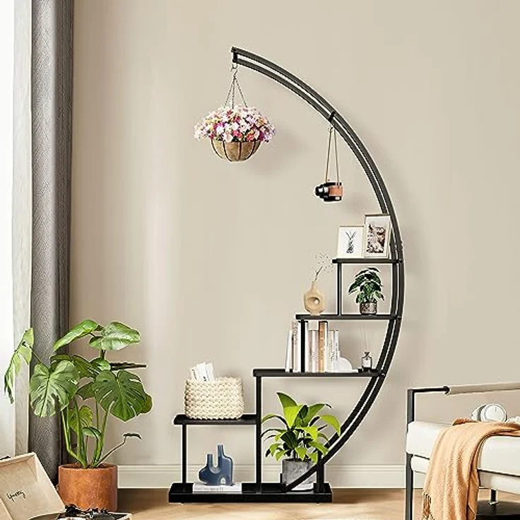 Ribelli 5-stufiger Metall-Pflanzenständer in Halbmondform 172cm, Pflanzenregal mit 5 Ablagen & Haken, Hoch Blumenständer Pflanzentreppe mit Kippschutz für Balkon Wohnzimmer Terrasse (1 Stück, Schwarz) – Bild 2