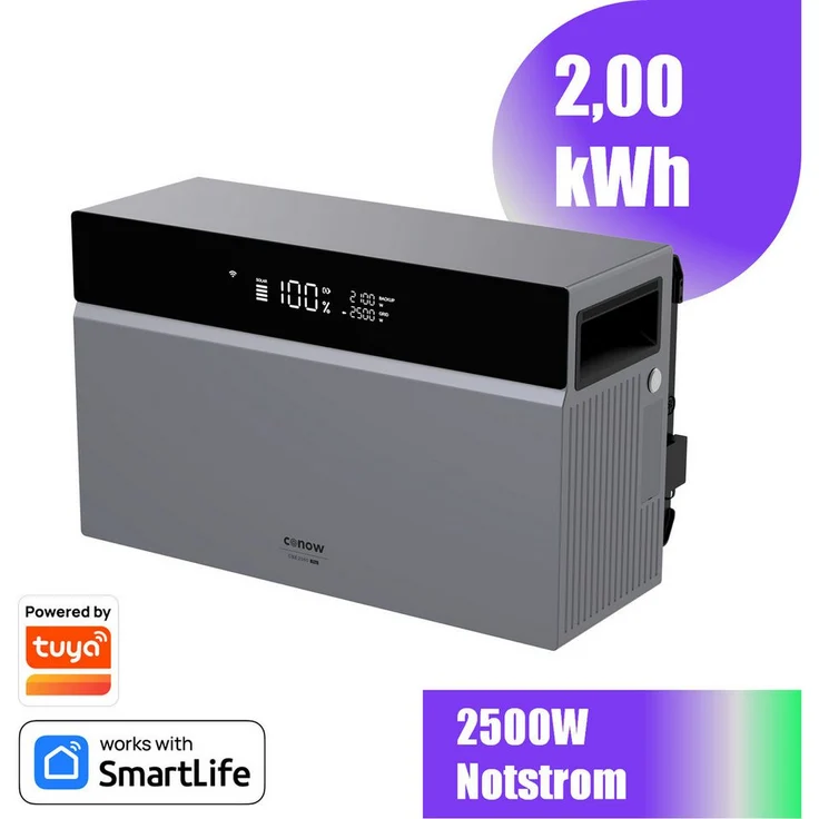 Conow CBE2000 Pro Balkonkraftwerk, 2500 W Wechselrichter mit 20000 mAh LiFePO4 Akku, Plug & Play, Bluetooth/Wifi