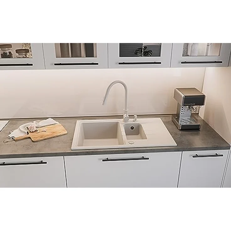 Quadron PETER 156 Granit Doppelbecken-Spüle | Größe 78 x 50 x 20 cm | Grau & Stahl | Kratz- und stoßfest, hygienisch und fleckenbeständig – Bild 5