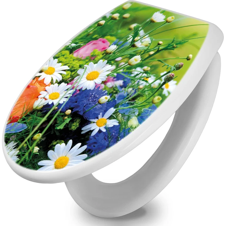 Banjado Toilettendeckel mit Absenkautomatik, WC-Sitz Soft Close in Weiß mit Blumenstrauß-Motiv, hygienischer Duroplast, einfache Montage, 44,5x37x5cm