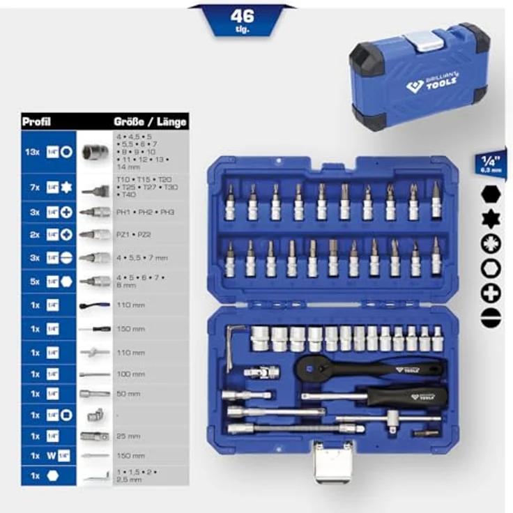 BRILLIANT TOOLS BT020046 1/4" Steckschlüssel-Satz, 46-tlg, Chrom-Vanadium-Stahl, stabiler Transportkoffer, gummierte Ratschengriffe, verbesserte Übersichtlichkeit – Bild 3