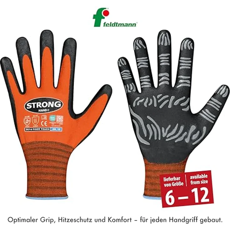 HELMUT FELDTMANN GmbH TIGER TOUCH Arbeitshandschuhe, Gr. 9, orange/schwarz, 92% PA/8% Elastan, Nitrilschaum, hohe Abriebfestigkeit, sicherer Griff, gute Öl- und Fettbeständigkeit – Bild 2