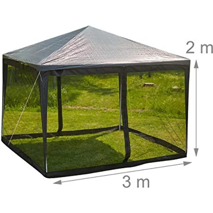 Relaxdays Moskitonetz für 3 x 3 m Pavillon, 2 Seitenteile, mit Reißverschluss, Klettband, 12 m XL Mückennetz, schwarz – Bild 4