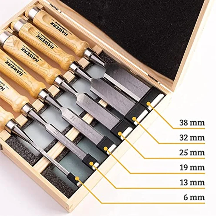 Hawerk Stemmeisen Stechbeitel Set für Holz | 6 Beitel + 2 Abziehsteine + Koffer von Hawerk - Stecheisen Satz für Anfänger und Profis - Holzmeiselset für Holzarbeiten – Bild 2