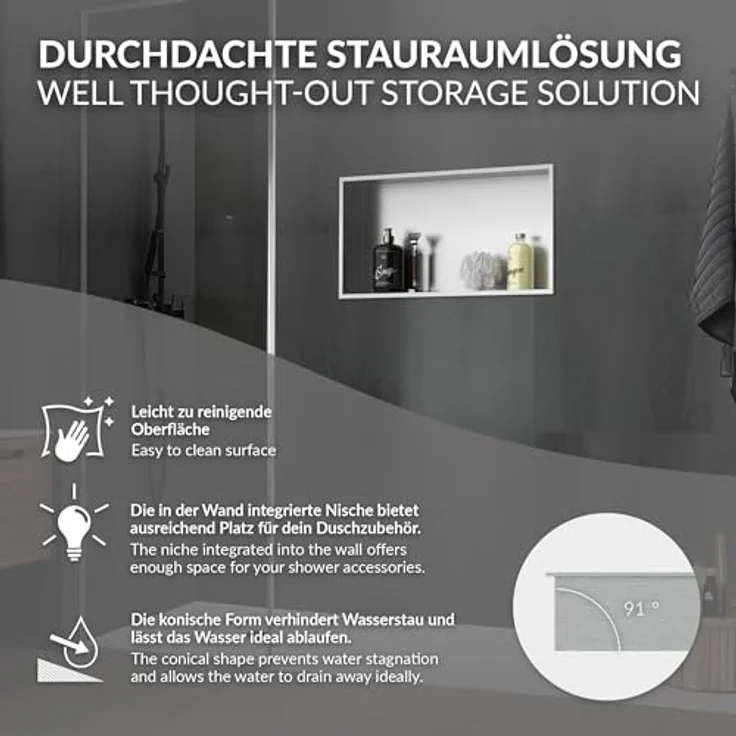 LuxeBath Duschwand Wandnische aus Edelstahl, Einbaulösung in Silber 60x30x10cm, optimierte Stauraumlösung mit 100% Dichtheit – Bild 4