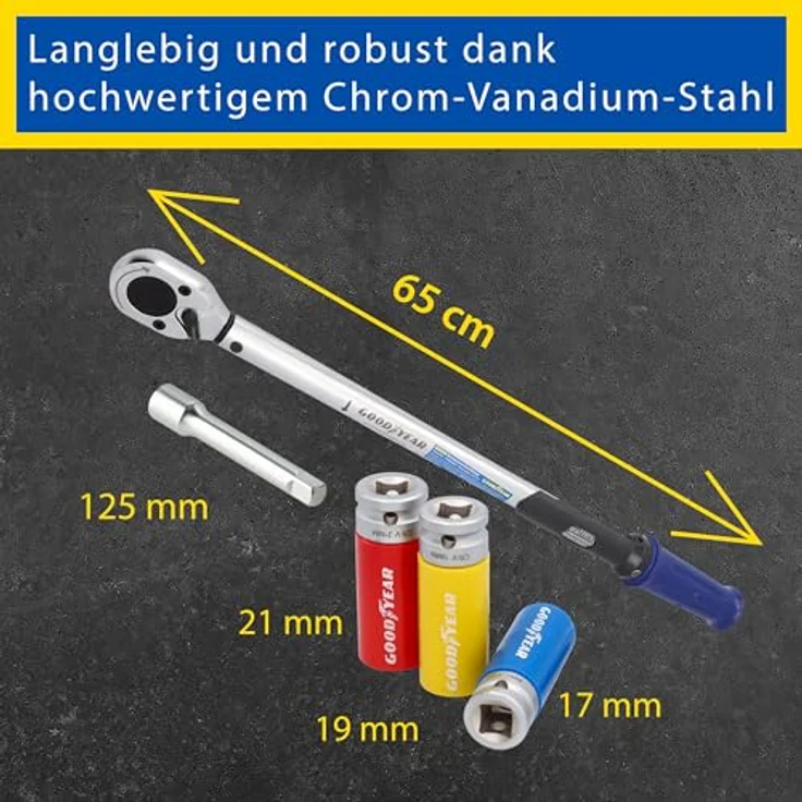 Goodyear Drehmomentschlüssel Set für Radwechsel (1/2"), 11-teilig mit farbcodierten Nüssen und stabiler Aufbewahrungsbox – Bild 10