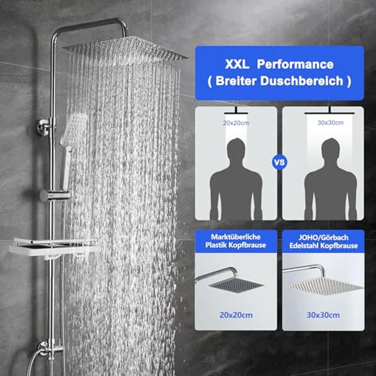 JOHO Edelstahl Duschsystem mit XXL-Regendusche 30x30 cm, ohne Armatur, verstellbare Duschstange und 3 Strahlarten, Chrom – Bild 2