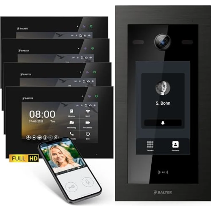 Balter EVO-HD Video Türsprechanlage, Komplettset mit 4x 7 Zoll Touchscreen Monitoren, Full HD Kamera mit 175° Weitwinkel, Smartphone App und RFID Zugang – Bild 1