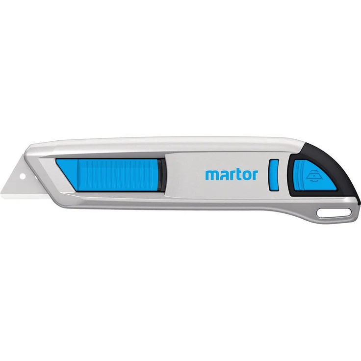 Martor Cutter Sicherheitsmesser SECUNORM 500, ergonomisch mit beidseitigem Schieber und automatischem Klingenrückzug, silber/schwarz/cyan, 10 Stück