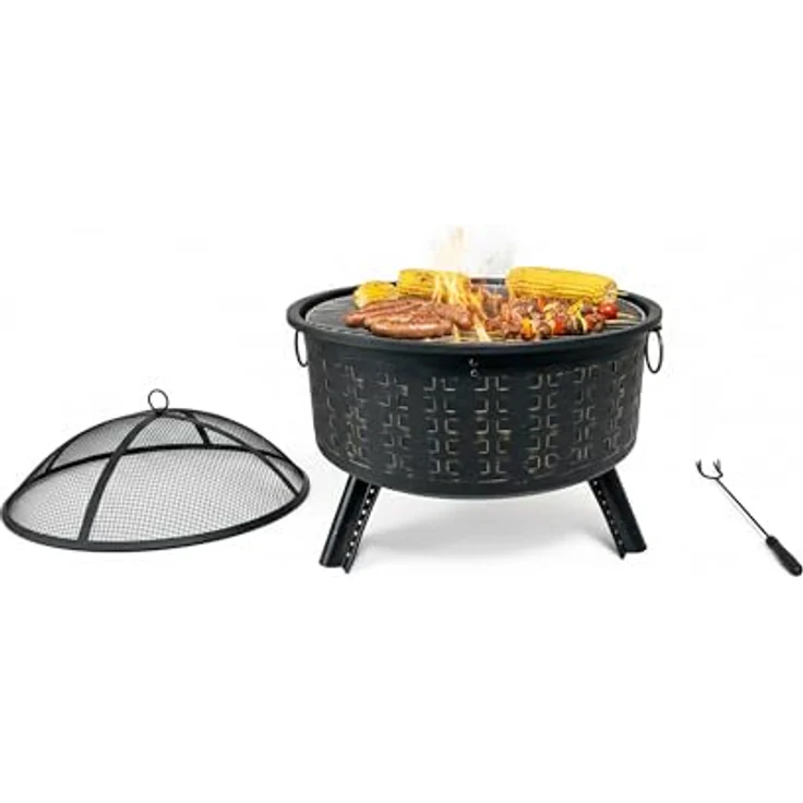 Relaxdays Feuerschale 62 x 66 cm, Gartenfeuerstelle mit Grillrost, Funkenschutz & Schürhaken, schwarz – Bild 1