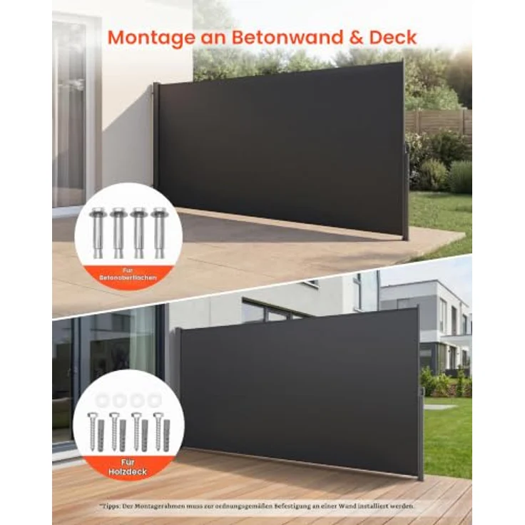 VEVOR Ausziehbare Seitenmarkise 185x420 cm, Polyestergewebe 180 g/m², Wandmarkise mit Sonnenschutz, Sichtschutz und Windschutz, grau – Bild 4