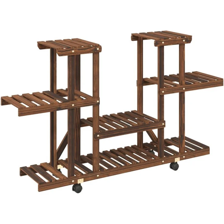vidaXL Blumenständer, Pflanzständer mit Rollen 110x25x78 cm Massivholz Tanne, Karbonisiertes Braun, mit drehbaren Rollen – Bild 1