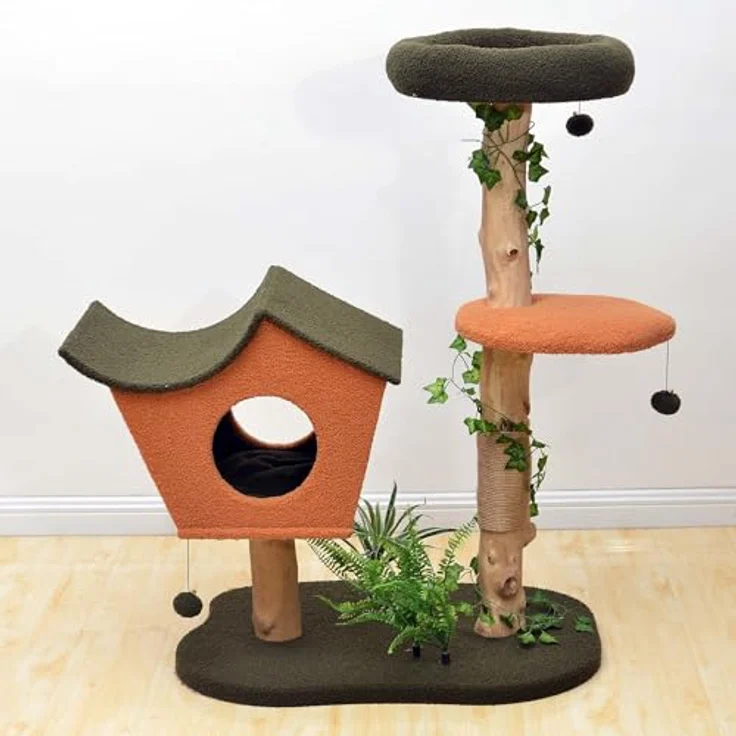 Fudajo Kratzbaum mit Pflanzendeko 114 cm, Katzenkratzbaum mit Teddyfell und Birnbaumholz, Katzenhaus mit Spielbällen, Katzenmöbel mit Plattformen, Braun – Bild 2