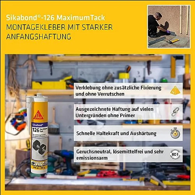SIKA Montageklebstoff SikaBond-126 Maximum Tack Schwarz, starke Anfangshaftung, für Metalle und Baustoffe, lösemittelfrei, 300 ml – Bild 3