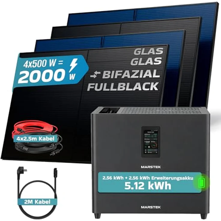 SUNNIVA® 2000W Balkonkraftwerk MARSTEK Jupiter C + Plus, BIFAZIAL FULLBLACK, 5,12 kWh Solarspeicher, Komplettset mit 4x 500W N-Type Glas-Glas Bifacial PV  – Bild 2