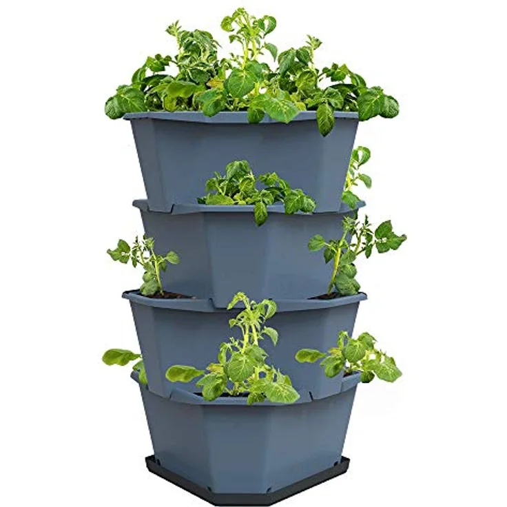 GUSTA GARDEN Paul Potato Starter Kartoffelturm - stapelbar - Hochbeet/Pflanzgefäß/Blumentopf für Balkon, Garten und Terrasse (4 Etagen, Blau) inkl. Untersetzer