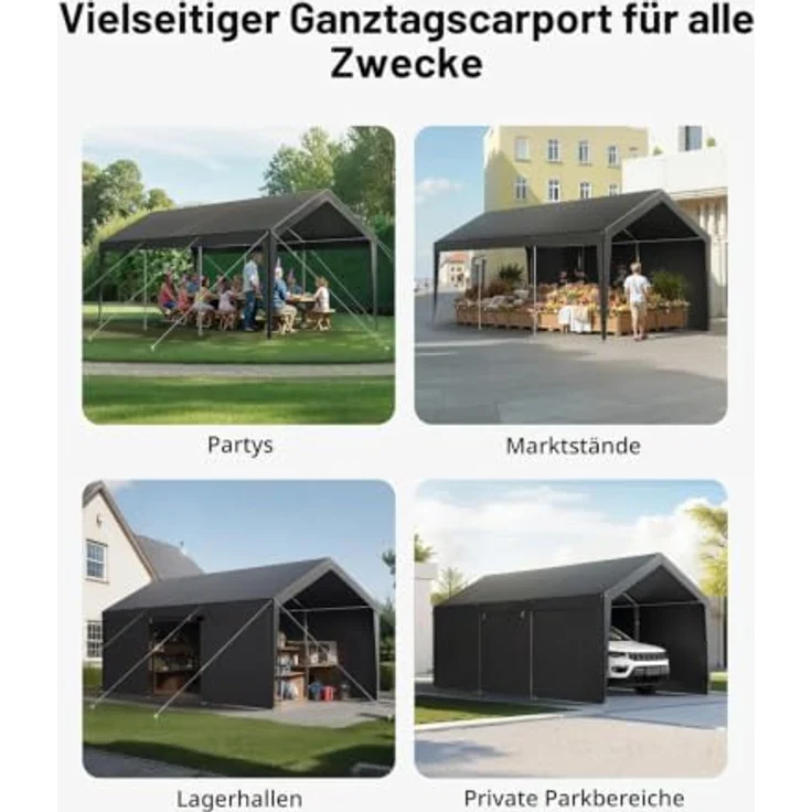VEVOR Carport 3,65 x 6,09 m mit abnehmbaren Seitenwänden und Reißverschlusstür, UV-beständige Zeltgarage für ganzjährigen Autoschutz, grau – Bild 3