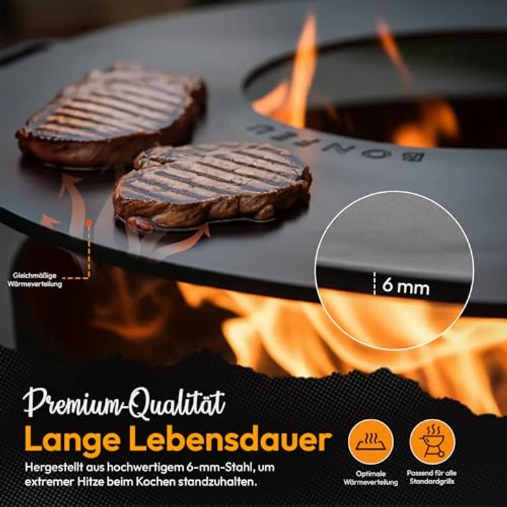 BonFeu Plancha Feuerplatte Ø120cm, 6mm Dick, Hochwertige Grillplatte aus Stahl für Feuertonne und Feuerschale – Bild 3