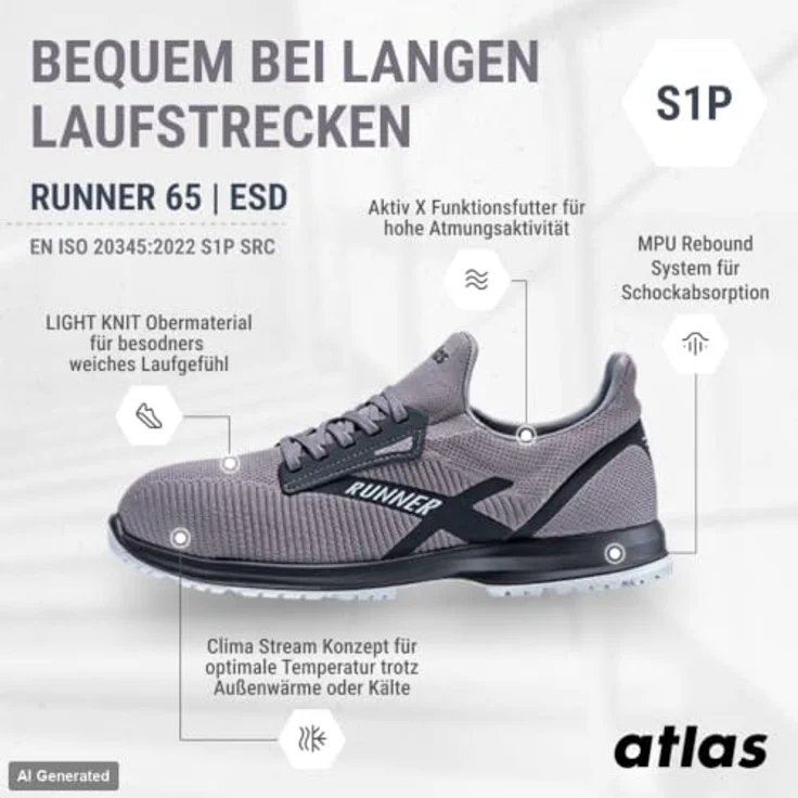 ATLAS Sicherheitsschuh RUNNER 65 ESD S1P SRC, Light Knit Obermaterial, grau, Größe 36 Weite 10 – Bild 8