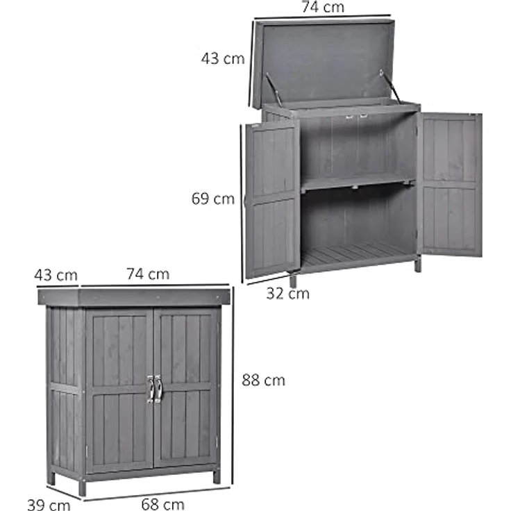 Outsunny Gartenschrank Geräteschrank Geräteschuppen mit Doppeltür, Gerätehaus mit 2 Fächern wetterfest Tannenholz Dunkelgrau 74 x 43 x 88cm – Bild 3