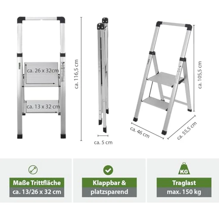 TRUTZHOLM Alu Trittleiter 2-stufig klappbar, bis 150 kg Traglast, Aluminium Silber, Anti-Rutsch Trittflächen, TÜV/GS geprüft, leicht mit Handgriff, platzsparend, 3,2 kg – Bild 3