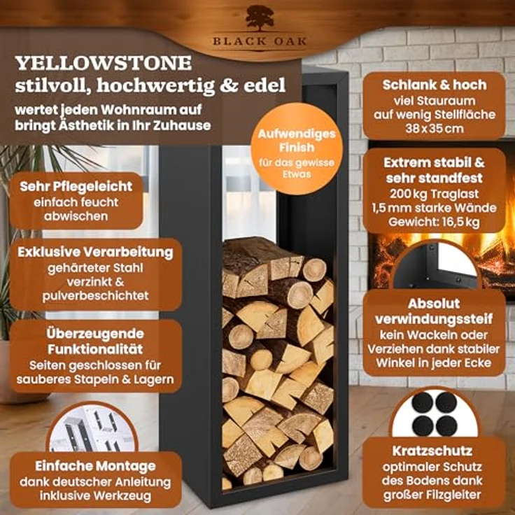 BLACK OAK Kaminholzregal YELLOWSTONE, 113x38x35cm, schwarz, pulverbeschichtet, für innen und außen, bis 200 kg, wetterfestes Metallregal – Bild 3