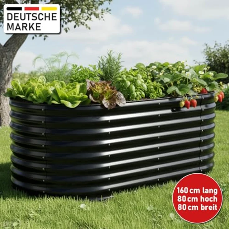 BRAST Hochbeet Metall Julia 160x80x80cm, verzinkt und rostfrei, wetterfest, ovale Form, inkl. umfangreichem Zubehör, Schwarz – Bild 2