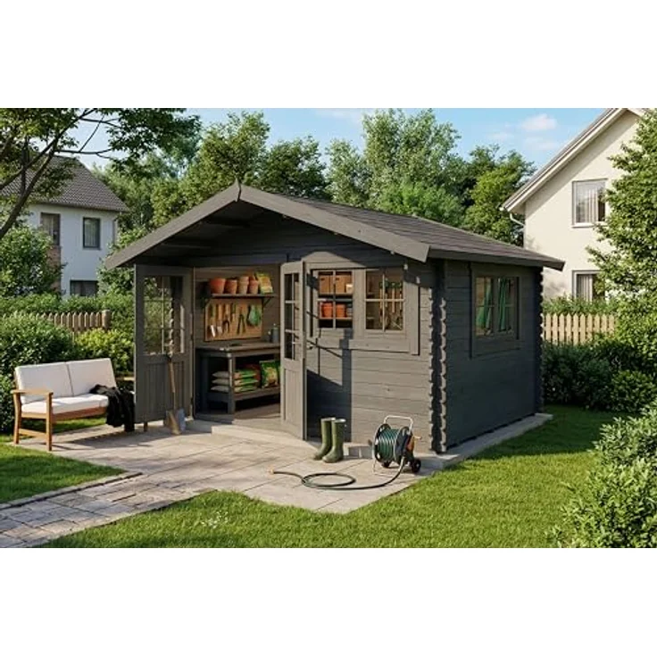 Alpholz Gartenhaus Gabriel-34 400 x 300 cm, BxT: 428x367 cm, B 428 x T 367 x H 263 cm, Leimholz-Doppeltür, Doppelfenster, 34 mm Wandstärke, grau imprägniert - Preisvergleich – Bild 3