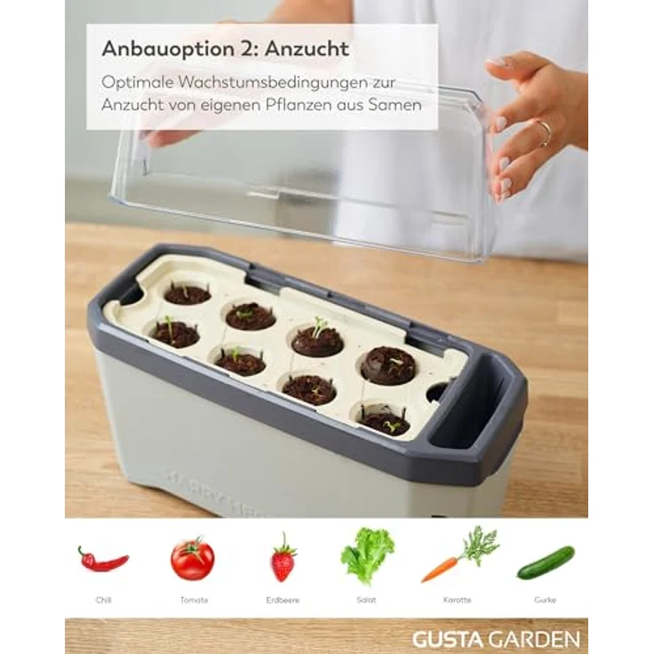 Gusta Garden HARRY HERBS Anzuchttopf mit Wasserreservoir & Wasserstandsanzeige, 4 in 1 Kräutertopf, hellgrau mit Anzuchthaube – Bild 4