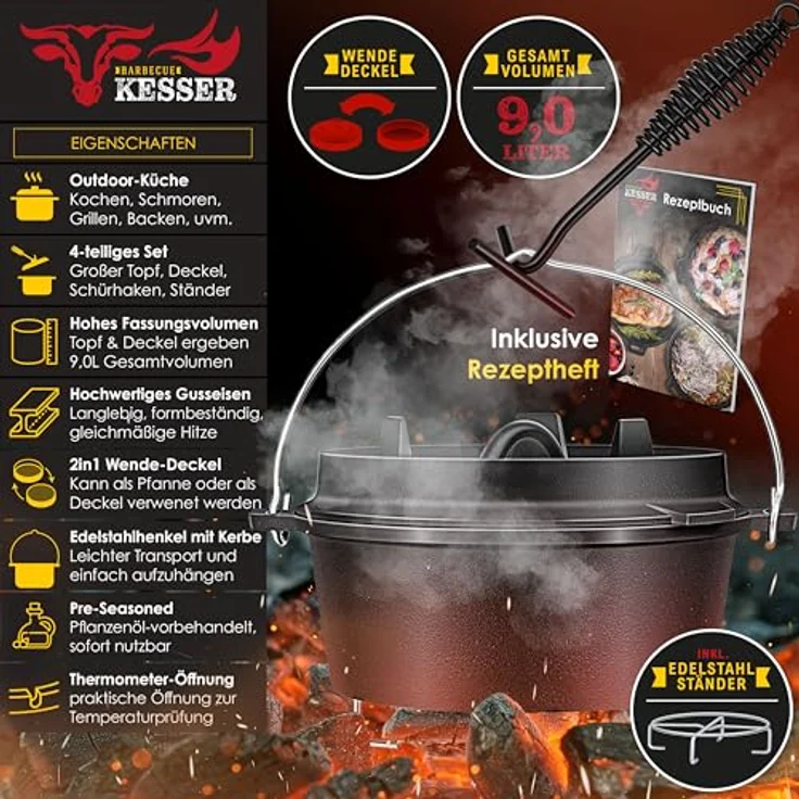 KESSER Dutch Oven Set BBQ 9 Liter, Gusseisen Feuertopf mit Edelstahluntersetzer, für Outdoor & Indoor, hitzebeständiger Deckelheber und Thermometer-Schlitz – Bild 2