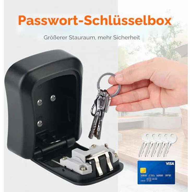 Ibergrif Schlüsseltresor Wandmontage, wetterfest, 4-stelliges Zahlenschloss, sicherer Schlüsselkasten für 5 Schlüssel + 1 Karte, robust und frostbeständig, Schwarz – Bild 2