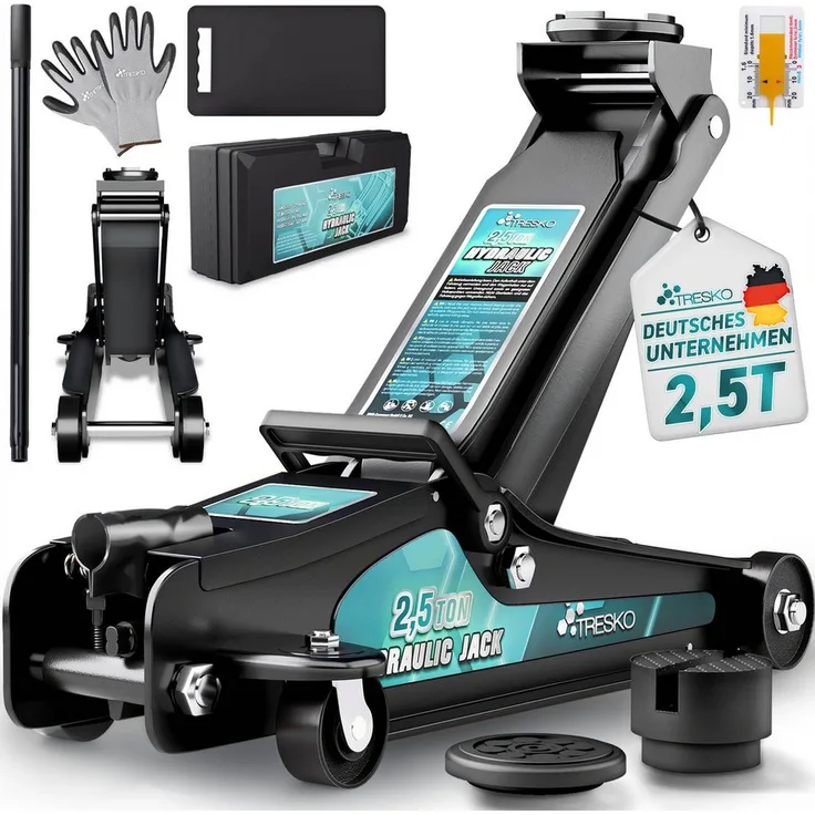 TRESKO hydraulischer Wagenheber 2,5T mit Koffer, flach, Hubhöhe 85-385mm, 360° Rollen, geeignet für tiefergelegte Autos