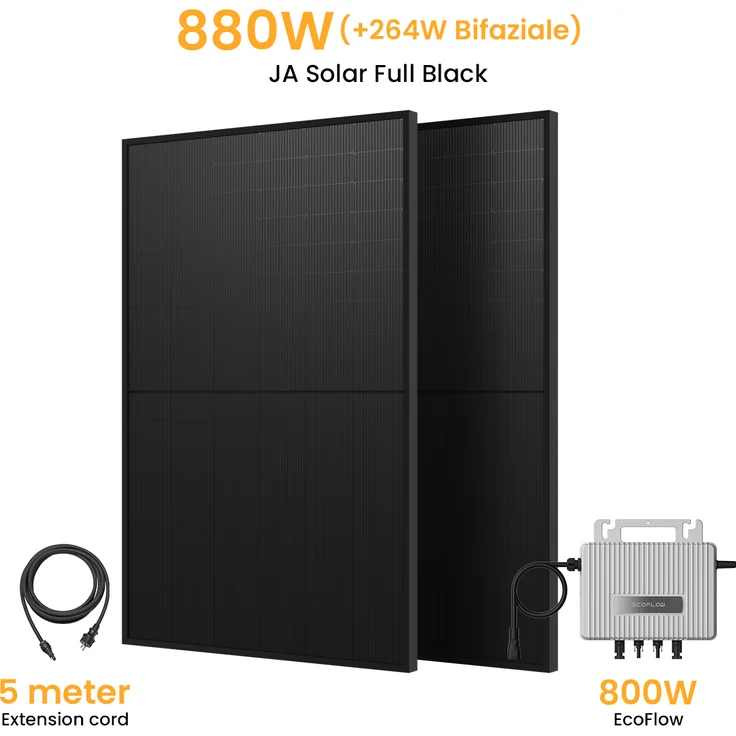 EcoFlow 800W Balkonkraftwerk Set, Wechselrichter 800W mit 2x JA Solar 440W Bifazial Full Black Solarmodulen, WLAN-fähig, 97,3% Effizienz