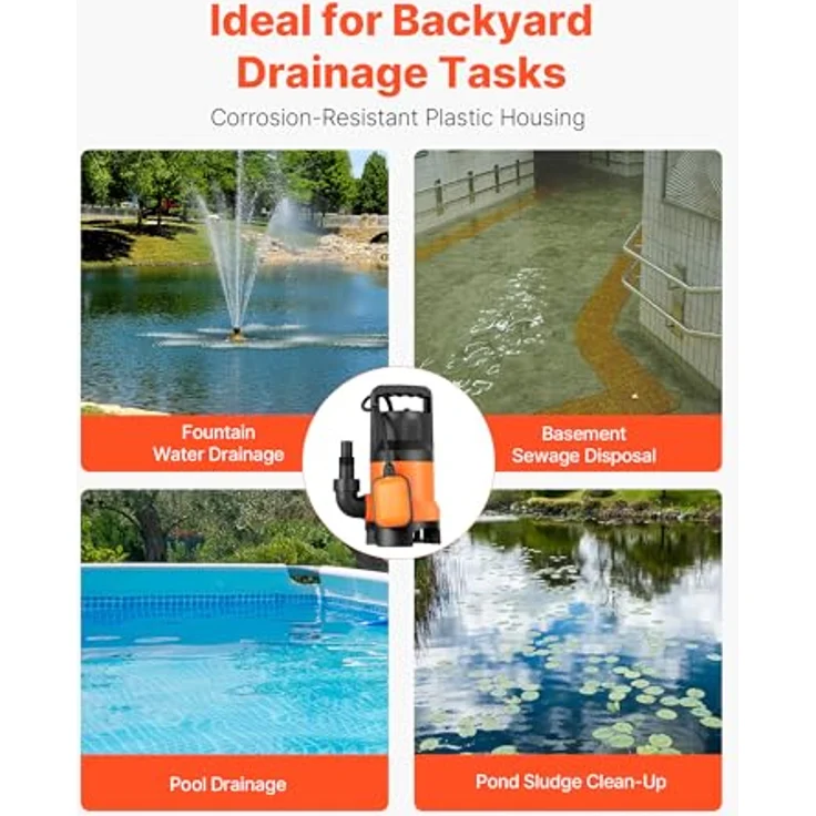 VEVOR 650W Tauchpumpe, 15000L/h, IPX8 Schmutzwasserpumpe mit automatischem Schwimmerschalter, 8m Förderhöhe für Pools und Teiche – Bild 4