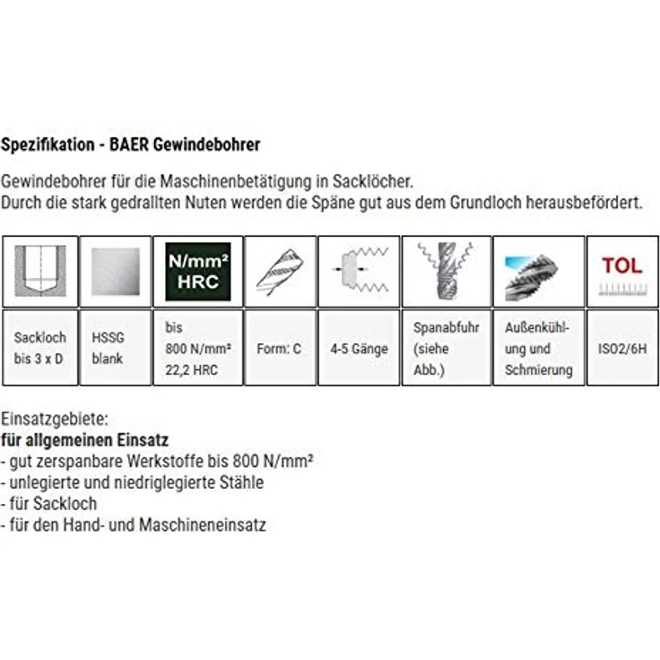 BAER Set HSSG: Maschinengewindebohrer Sackloch Kernlochbohrer: M 3 - 12 – Bild 2