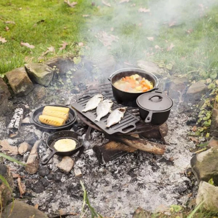 Esschert Design Dutch oven Set 7teilig aus Gusseisen, Paulownienholz und Juteseil, 28,9 x 28,0 x 15,8 cm – Bild 4