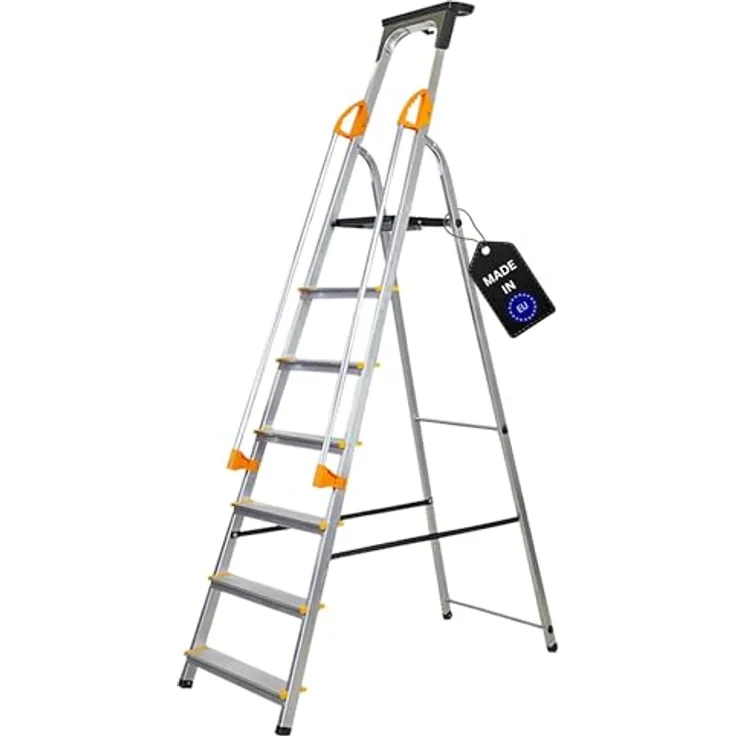 PROREGAL Stufenstehleiter Atlas, Aluminium Leiter mit Werkzeugablage & Handlauf, einseitig begehbar, 7 Stufen, Arbeitshöhe 3,40m, Traglast 150kg