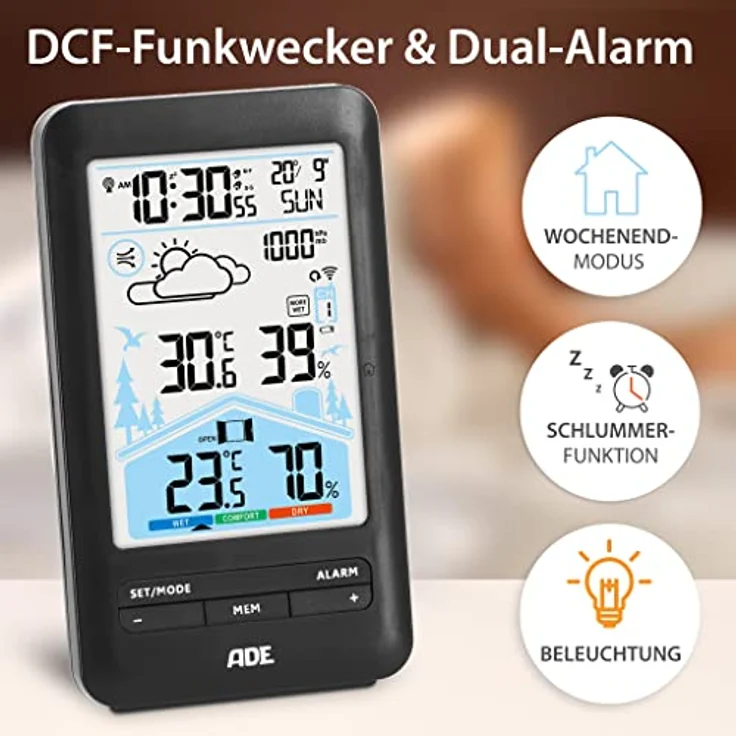 ADE Wetterstation Funk mit Außensensor und Funkwecker | mit Lüftungsempfehlung | Hygrometer, Thermometer | 2 Weckzeiten | animierte Wettervorhersage | Schlummerfunktion | LCD-Farbdisplay - Preisvergleich – Bild 3