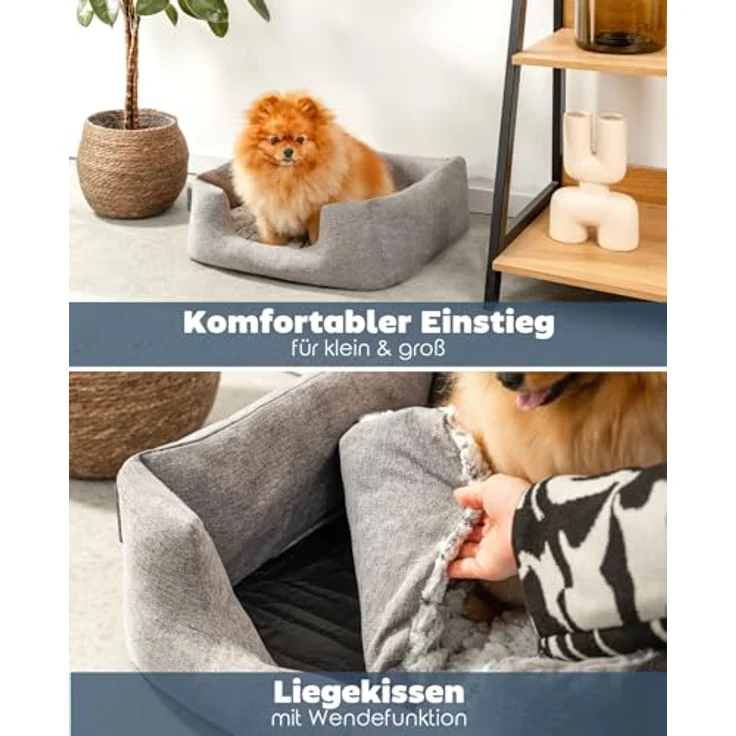 lionto Hundekörbchen mit flauschigem Wendekissen, kuscheliges Heimtierbett in meliertem Design mit tiefem Einstieg für Hunde & Katzen aller Größen, 60x50 cm, weiches Hundebett, grau – Bild 3