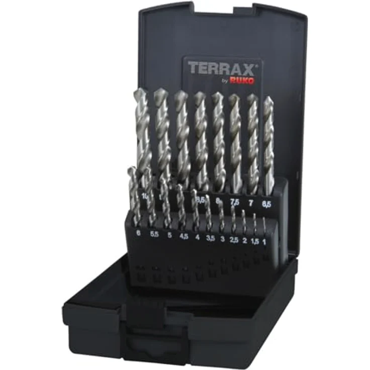 RUKO Terrax A214214RO Spiralbohrer Satz HSS G, 19 Stück in Kunststoffkassette (ABS), hohe Rundlaufgenauigkeit, DIN 338 Typ N