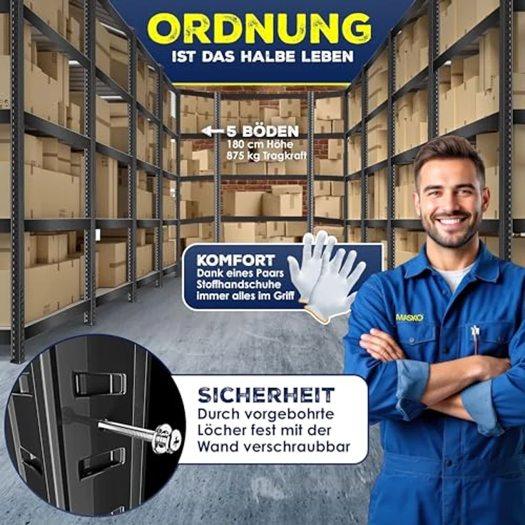 MASKO Eckregal Lagerregal Schwerlastregal, Kellerregal, 180x75x40cm , bis 875 kg, 5 verstellbare Ablagen, MDF-Platten Regal aus Metall, Steckregal, Werkstattregal, Keller, Garage Schwarz – Bild 7
