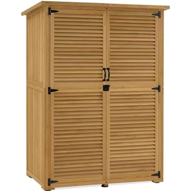 M MCombo Gartenschrank Holz, Gartenhaus Klein Wetterfest, Outdoor Gerätehaus Geräteschuppen, für Außenbereich Balkon Terrasse, 59×127×168 cm, 0901D (Natur) – Bild 1