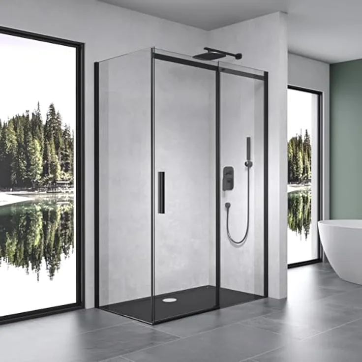 Mai & Mai Duschkabine Ravenna18, Duschabtrennung Schwarz, 8mm Sicherheitsglas mit NANO, 70x110cm, Eck-Dusche mit Schiebetür